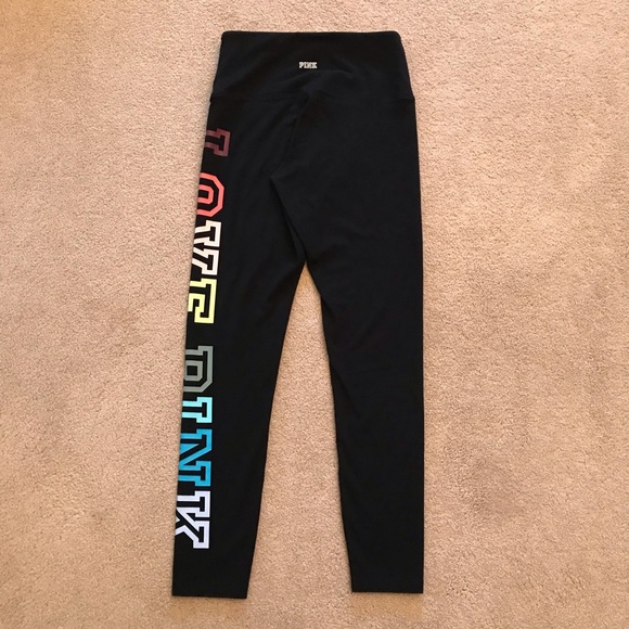 PINK Victorias Secret High Waist Yoga Leggings Size Medium Black Rainbow Logo - Picture 3 of 10